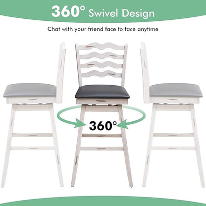 COSTWAY Bar Stools Set of 4, 29” 360° Swivel Bar Height Chairs with Rubber Wood Frame, Cushioned Seat, Ergonomic Backrest & Footrest, Wooden Upholstered Barstools for Kitchen Island (4, 29”)