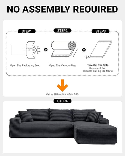 108" Cloud Sectional Couch,Modern Modular Sectional Sofa with Deep Seat,Corduroy Boneless Couches with L-Shape Chaise for Living Room,No Assembly Required (Black, Right Facing Chaise)