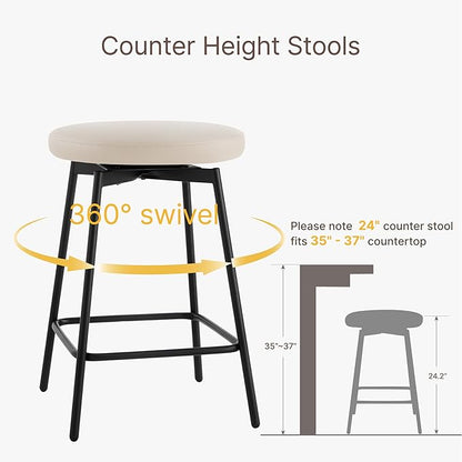 Swivel Bar Stools Set of 3, 24" Counter Height Bar Stool, Backless Barstools with Faux Leather Upholstered Seat&Sturdy Wood Legs for Kitchen Island, Beige
