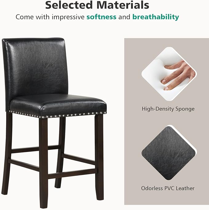 COSTWAY Bar Stools Set of 2, 25.5” PVC Leather Armless Counter Height Chair with Back, Kitchen Island Breakfast Chair for Dining Room, Party Room & Restaurant (2, Black)