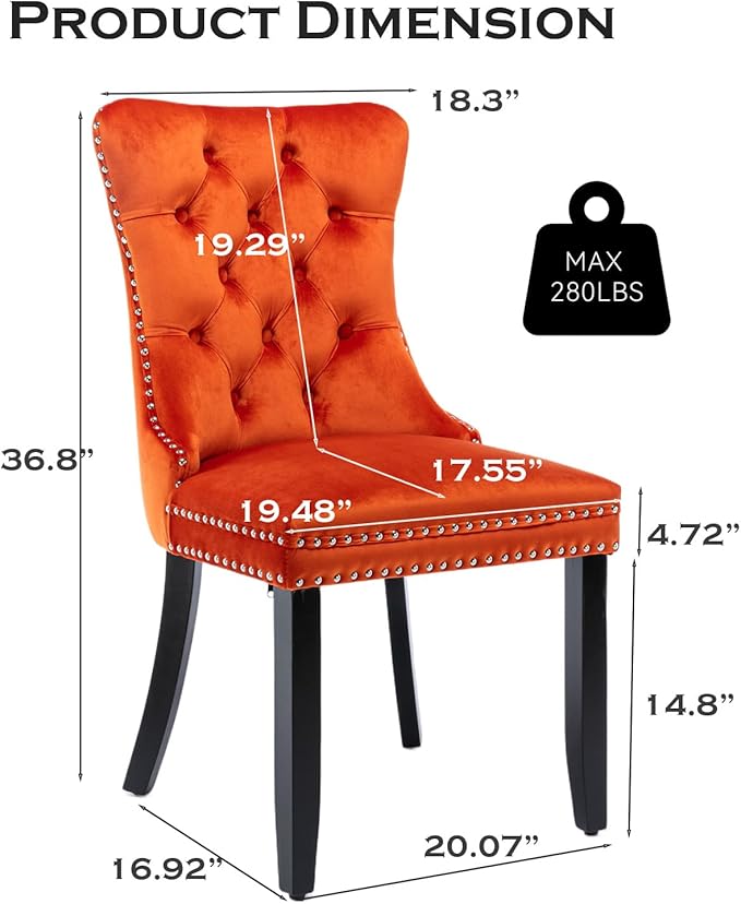 Velvet Upholstered Dining Chairs Set of 2, Modern Style Kitchen Side Chairs with Nailhead Trim and Wood Legs,Metal Pulling Ring for Dining Room Living Room(Orange,Set of 2)