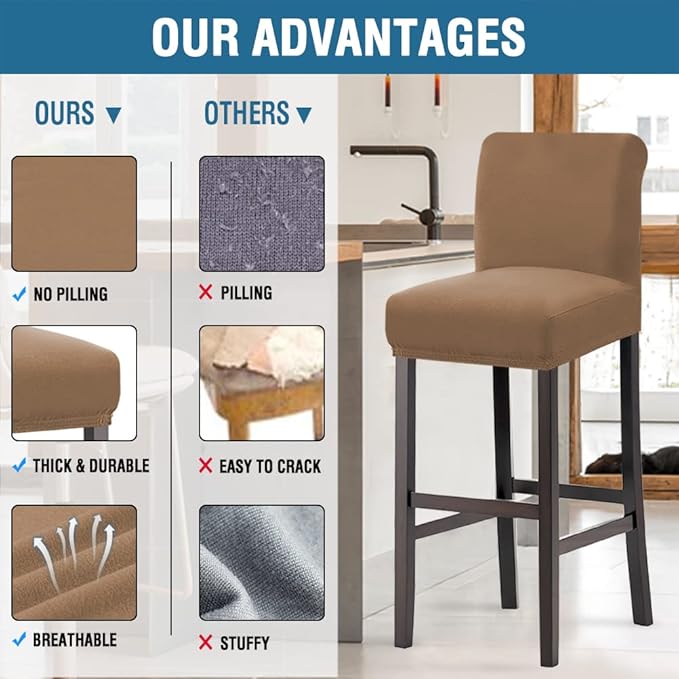 H.VERSAILTEX 100% Waterproof Bar Stool Cover Stretch Counter Stool Pub Chair Slipcover for Dining Room Removable Soft Thick Solid Fleece Fabric Bar Stool Slipcovers Set of 2, Sand