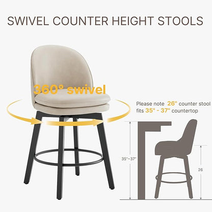 Counter Height Barstools 26 inch Upholstered Swivel Bar Stools with Back and Wood Legs for Kitchen Island,Set of 4,Beige PU Leather-Armless