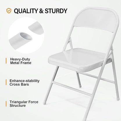 VINGLI Folding Chairs All Steel Metal Frame, Capacity 350 lbs, Durable Portable and Versatile for Indoor Outdoor Use, White, Set of 8
