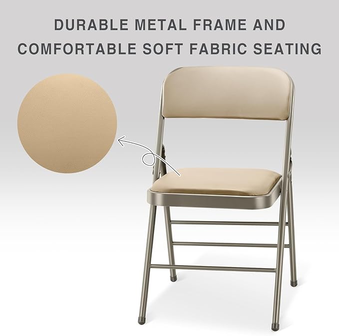 cyclone sound 2 Pack Folding Chairs with PU Padded Cushion and Back, Commercial Grade Metal Chairs with Comfortable PU Leather Cushion for Home and Office, for Indoor and Outdoor Events (2, Beige-PU)
