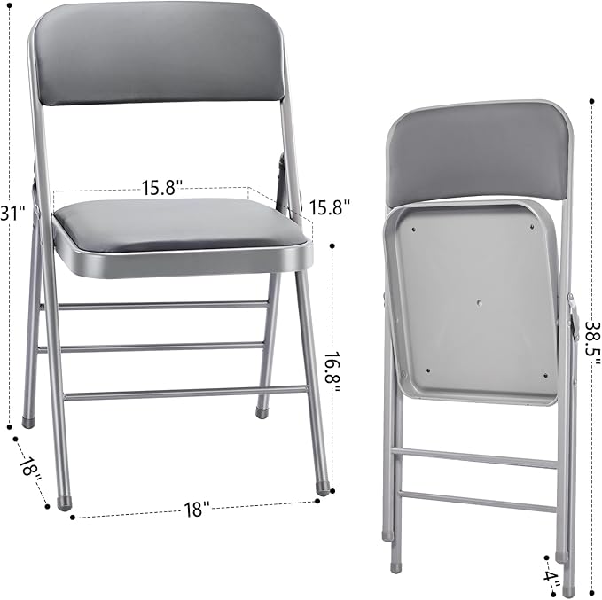 cyclone sound 4 Pack Folding Chairs with PU Padded Cushion and Back, Commercial Grade Metal Chairs with Comfortable PU Leather Cushion for Home and Office, for Indoor and Outdoor Events (4, Gray-PU)