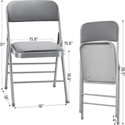 cyclone sound 4 Pack Folding Chairs with PU Padded Cushion and Back, Commercial Grade Metal Chairs with Comfortable PU Leather Cushion for Home and Office, for Indoor and Outdoor Events (4, Gray-PU)
