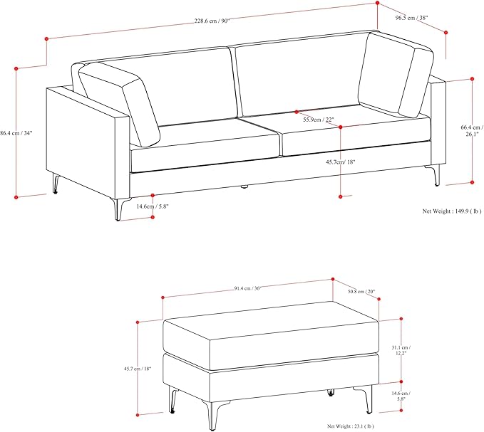 SIMPLIHOME Ava Sofa and Ottoman in 100% Recycled Polyester Performance Fabric, Cream, 90-inch-wide 3-Seater Couch and Matching 36-inch-wide Table Ottoman for Living Room, 2-Piece Set