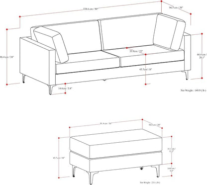 SIMPLIHOME Ava Sofa and Ottoman in 100% Recycled Polyester Performance Fabric, Cream, 90-inch-wide 3-Seater Couch and Matching 36-inch-wide Table Ottoman for Living Room, 2-Piece Set