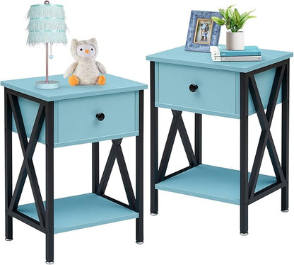 VECELO End Tables, Modern Nightstand with Drawer & Shelf, Night Stand for Bedroom Living Room,Industrial Metal Frame