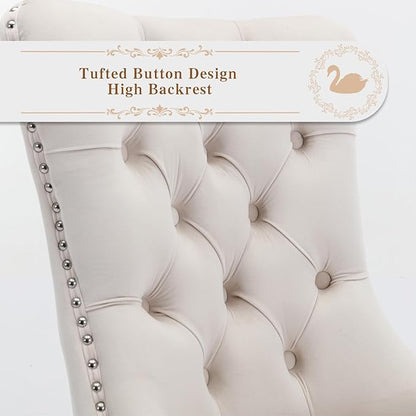 Velvet Upholstered Dining Chairs Set of 6, Modern Style Kitchen Side Chairs with Nailhead Trim and Silver Plated Leg, Metal Pulling Ring for Dining Room Living Room