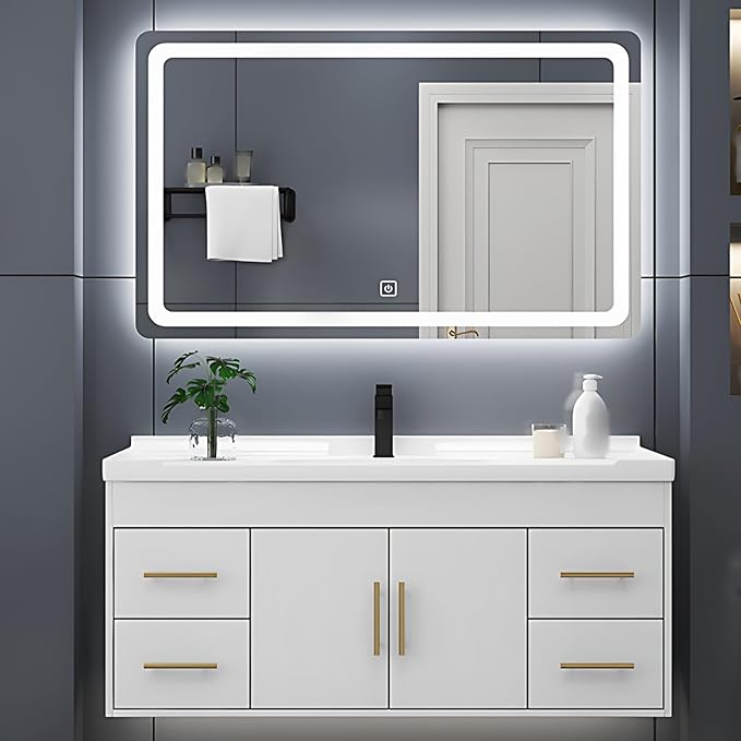 68IN Modern Bathroom Vanity - LED Intelligent Mirror Cabinet Includes Time Display & Defogging | Bathroom Cabinet with Sink & Open Storage Compartments, Ceramic Washbasin, 4 Drawers (Style B)