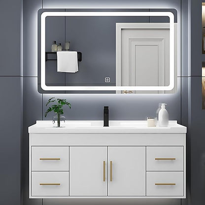 60IN Modern Bathroom Vanity - LED Intelligent Mirror Cabinet Includes Time Display & Defogging | Bathroom Cabinet with Sink & Open Storage Compartments, Ceramic Washbasin, 4 Drawers (Style B)