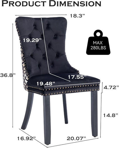 Velvet Upholstered Dining Chairs Set of 8, Modern Style Kitchen Side Chairs with Nailhead Trim and Wood Legs,Metal Pulling Ring for Dining Room Living Room(Quadrangular Star&Black)