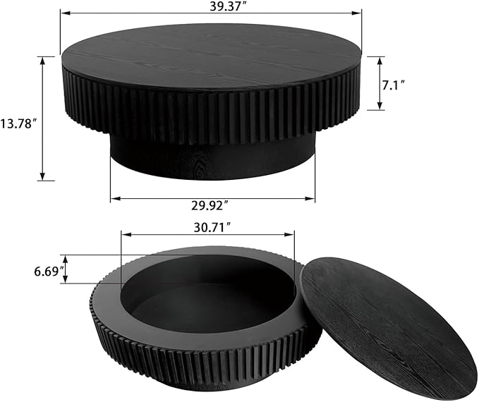 39.37'' Round Coffee Table for Living Room, Fluted Coffee Table with Hidden Storage, Solid Wood Veneered Circle Table, Modern Tea Table for Small Space Apartment (Black)