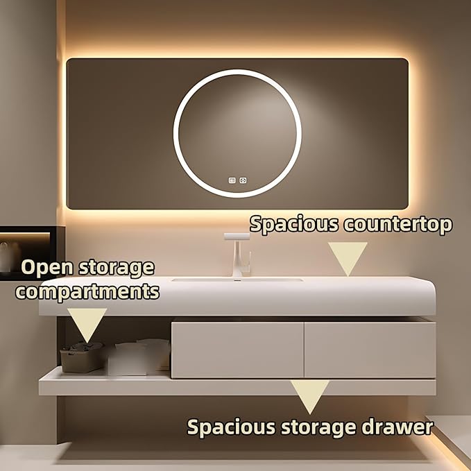 44IN Bathroom Vanity with Sink - Bathroom Cabinet Set has 2 Drawers & Overflow Hole Wall Mounted | LED Practical Defogging Mirror, Open Compartments, Seamless Rock Slab Basin (Coffee)