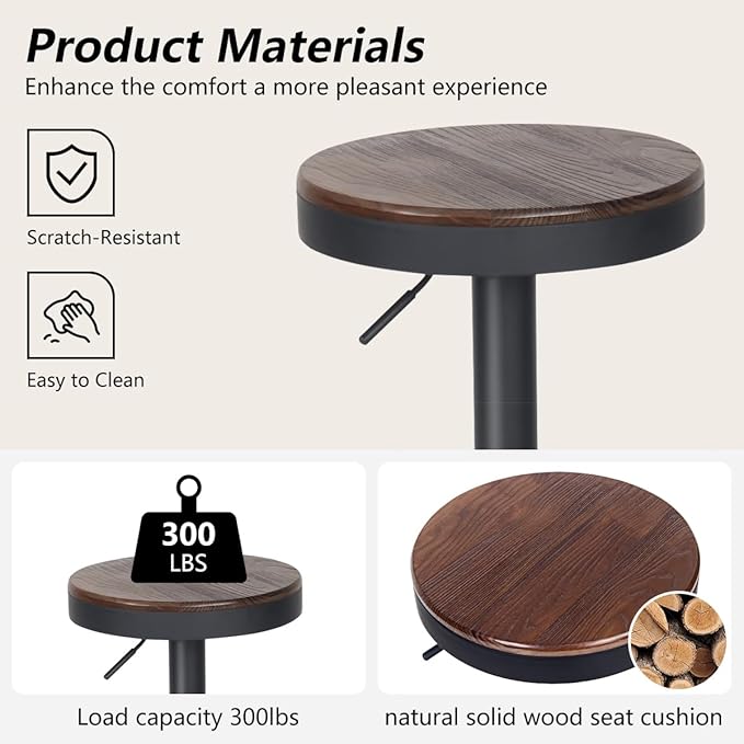 Kidol & Shellder Backless Counter Stools Set of 2 Swivel Adjustable Height BarStools Round Walnut Wooden Seat Modern Armless Bar Chairs for Kitchen Island Dining Room Cafe (Black)