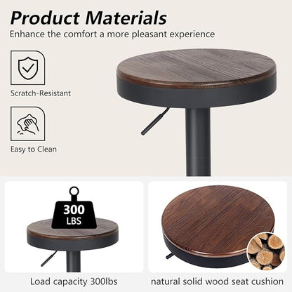 Kidol & Shellder Backless Counter Stools Set of 2 Swivel Adjustable Height BarStools Round Walnut Wooden Seat Modern Armless Bar Chairs for Kitchen Island Dining Room Cafe (Black)