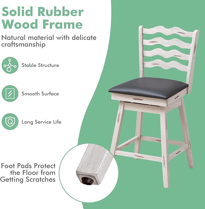 COSTWAY Bar Stools Set of 4, 29” 360° Swivel Bar Height Chairs with Rubber Wood Frame, Cushioned Seat, Ergonomic Backrest & Footrest, Wooden Upholstered Barstools for Kitchen Island (4, 29”)
