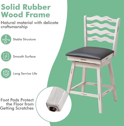 COSTWAY Bar Stools Set of 4, 29” 360° Swivel Bar Height Chairs with Rubber Wood Frame, Cushioned Seat, Ergonomic Backrest & Footrest, Wooden Upholstered Barstools for Kitchen Island (4, 29”)