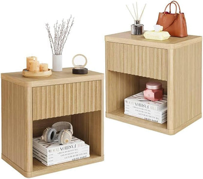 22.8" Fluted Nightstands Set of 2, Large Modern Nightstand with Drawer and Storage Shelf, Oak Finish & Cream, Mid Century Night Stands for Bedroom Living Room Sofa Couch Office