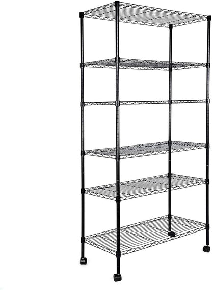 Simple Deluxe Heavy Duty 6-Shelf Shelving, 29.92'' D x 13.98'' W x 71.65'' H Adjustable Wire Shelving with Hanging Hooks and Wheels, Black