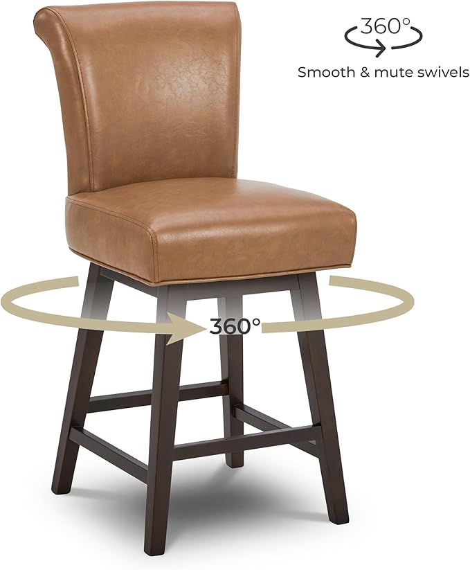 CHITA 26 Inch Counter Height Swivel Bar Stools Set of 3, FSC Certified Modern Upholstered Faux Leather Swivel Barstool Chair with Back, Saddle Brown