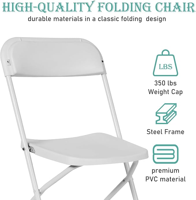 100 Pack Plastic White Folding Chairs, Portable Stackable Commercial Party Folding Chairs with Steel Frame 350lbs for Home Office Outdoor Indoor Office Wedding Party Event
