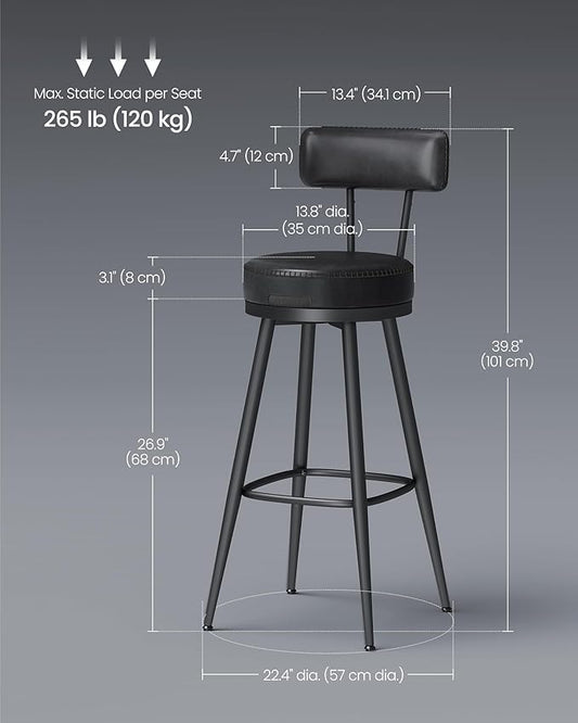 VASAGLE EKHO Collection - Bar Stools Set of 2, Swivel Bar Height Bar Stools with Back, Synthetic Leather with Stitching, Mid-Century Modern, 30-Inch Tall Barstools for Kitchen Home Bar, Ink Black