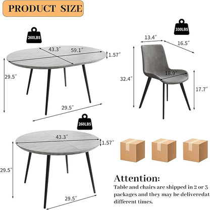 43.3"-59.1" Extendable Round Dining Table Set, Kitchen Table for 6 Person with Scratch-Resistant Thickened MDF Board, Gray Coffee Table w/Metal Legs