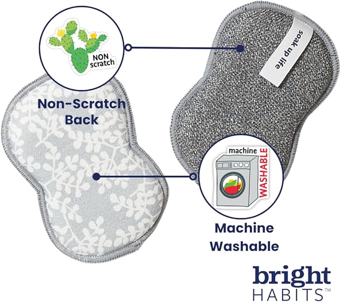 Kitchen Towel and Sponge Set Grey, 6 Piece Super Absorbent Reusable Quick Dry Towels and Washable Sponges Made from Recycled Materials, Durable Eco Friendly Cleaning Set for Kitchen