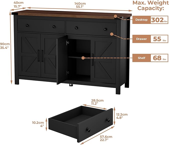 55" Sideboard Buffet Cabinet with Storage, Coffee Bar Cabinet with 2 Drawers and 4 Barn Doors, Long Storage Cabinet Modern Farmhouse, Black Wood, for Kitchen, Dining Room, Living Room