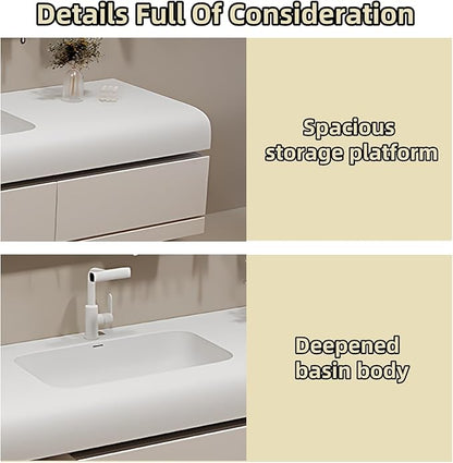 52IN Bathroom Vanity with Sink - Bathroom Cabinet Set has 2 Drawers & Overflow Hole Wall Mounted | LED Practical Defogging Mirror, Open Compartments, Seamless Rock Slab Basin (Khaki)