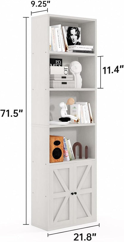 MXV 6 Tier 71" Tall Wooden Bookshelf&Bookcase with Doors, Storage Shelves Organizer, Floor Standing Modern Display Cabinet Shelves, Home Decor Furniture for Home Office, Living Room, Bedroom, White