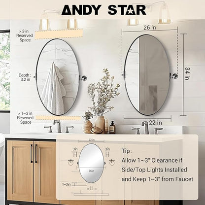 ANDY STAR Oval Bathroom Mirror, 22" x 34" Chrome Stainless Steel Metal Frame Pivoting Mirror for Over Sink with Adjustable Tilting Design, Vanity Mirror for Modern Wall