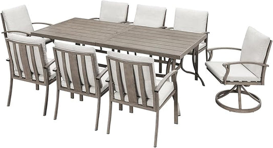 9-Piece Patio Dining Set, Aluminum Outdoor Dining Set for 8, Patio Furniture Sets with Umbrella Hole, 6 Dining Chairs, 2 Swivel Dining Chairs for Decks, Garden, Backyard, Lawn, Limed Oak