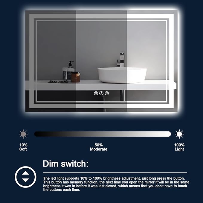 72x40 Inch LED Bathroom Mirror with Lights, Backlit and Front Lighted Bathroom Mirrors for Wall, Anti-Fog Dimmable Memory Shatterproof LED Vanity Mirror for Bathroom