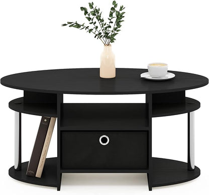 Furinno Jaya Simple Design Oval Coffee Table with Bin for Living Room, Americano/Chrome/Black