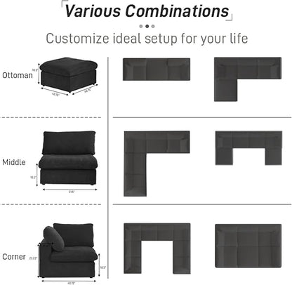 WJShome Cloud Couch Modular Sectional Sofa,160.6" Down Filled 5 Seater Convertible Sectional Sofas,V Shaped Couch for Living Room,Covers Washable&Replaceable (Black)