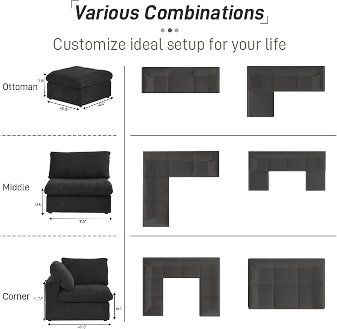 Cloud Couch Modular Sectional Sofa with Storage Ottoman,160.6" L Shaped Couch for Living Room,Down Filled 5 Seater Black Convertible Sectional Sofas,Covers Washable&Replaceable