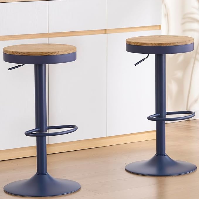 Kidol & Shellder Bar Stools Set of 2 Round Adjustable Swivel Barstools Modern Backless Bar Chairs Wooden Seat Counter Height Stools Armless for Kitchen Island, Cafe, Dining Room Blue