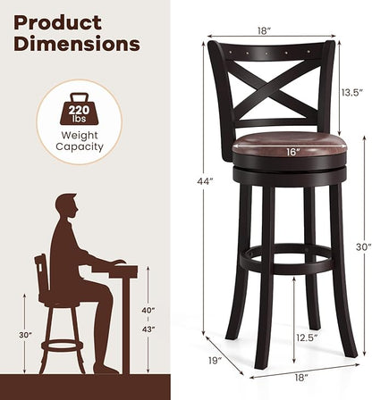 COSTWAY Bar Stools Set of 4, 30" Swivel Bar Height Bar Chairs with Copper Nails, Upholstered Seat, X-Shaped Backrest, Solid Rubber Wood Frame, for Kitchen Island Pub Bar