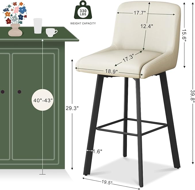 Swivel Bar Stools, 30''H Upholstered Barstools with Backs, Modern Counter Height Bar Stool Chairs for Kitchen Island, Metal Legs (Beige- Faux Leather, Set of 2-30" H)