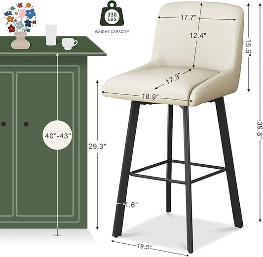 Swivel Bar Stools, 30''H Upholstered Barstools with Backs, Modern Counter Height Bar Stool Chairs for Kitchen Island, Metal Legs (Beige- Faux Leather, Set of 2-30" H)