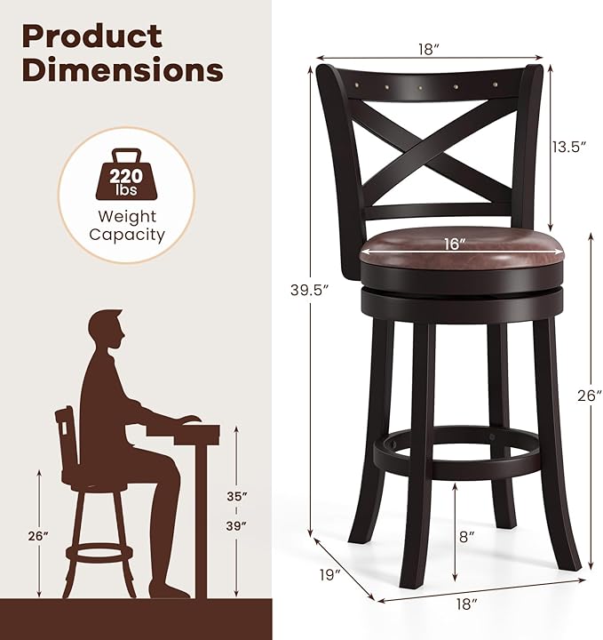 COSTWAY Bar Stools Set of 4, 26" Swivel Counter Height Bar Chairs with Copper Nails, Upholstered Seat, X-Shaped Backrest, Solid Rubber Wood Frame, for Kitchen Island Pub Bar