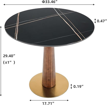 Sintered Stone Office Table - 33.5" Round Table for Small Offices (Light Brown Leg and Black Top, 1 Table Only)