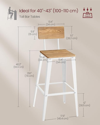 VASAGLE Set of 4 Bar Stools, Bar Height Stools, 29.1 Inches Tall Barstools with Back, Counter Bar Chairs for Kitchen Island, Steel Frame, Industrial Style, Easy Assembly, Wheat Brown and Cloud White