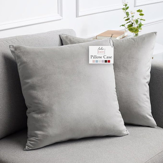 lalaLOOM Velvet Throw Pillow Covers, Set of 2 Decorative Square Pillows Home Decor, Soft Accent Cases, Silky Machine Washable Pillowcases for Sofa, Couch, Bedroom, Living Room, 16x16, Light Gray