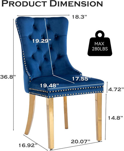 Velvet Upholstered Dining Chairs Set of 2, Modern Style Kitchen Side Chairs with Nailhead Trim and Gold Plated Leg, Metal Pulling Ring for Dining Room Living Room（Blue-Gold Plated Leg）