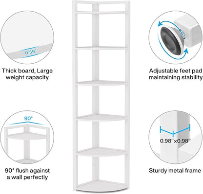 Tribesigns 6 Tier Corner Shelf, 70.9 Inch Tall Corner Bookshelf Small Bookcase Modern Corner Shelving Unit Storage Rack for Living Room, Home Office, Kitchen, Small Space (White)